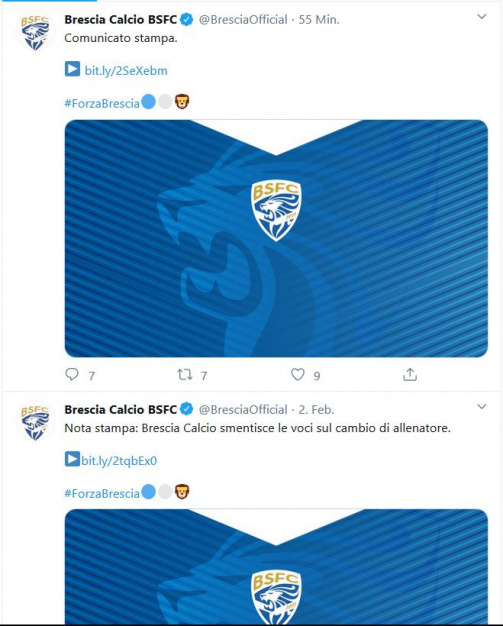 © Twitter: Brescia Calcio stärkt Trainer Eugenio Corini den Rücken (u.) und entlässt ihn drei Tage später