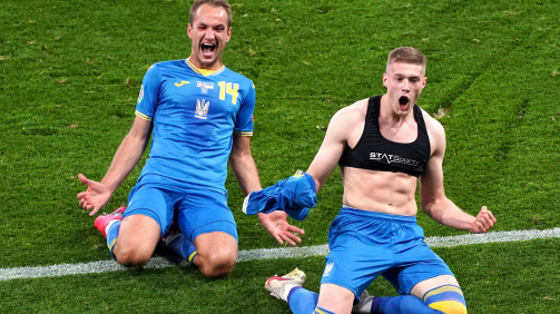 Tsygankov and Dovbyk celebrating together while representing their country Ukraine