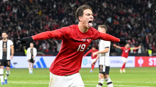 Kenan Yıldız celebrating his goal for Turkey against Germany 